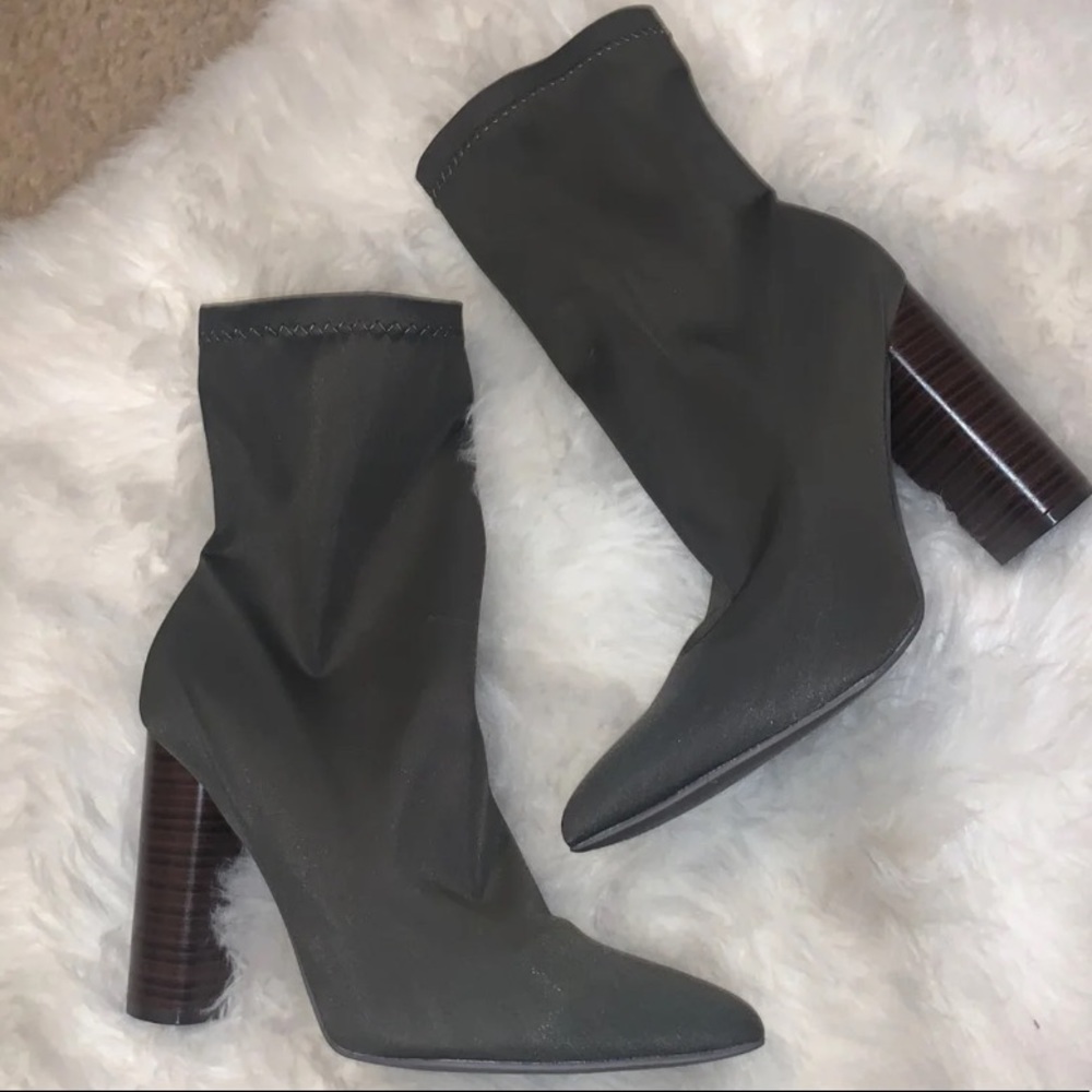 NEVER WORN Olive Booties with Chocolate Wood Heel